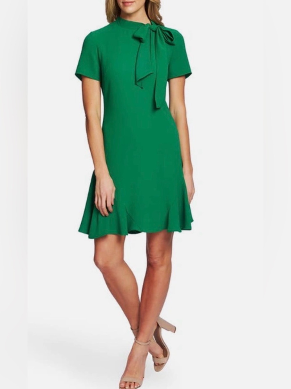 Cece Women's Size 6 Lush Green Bow Neck Short Sleeve Dress, NWT